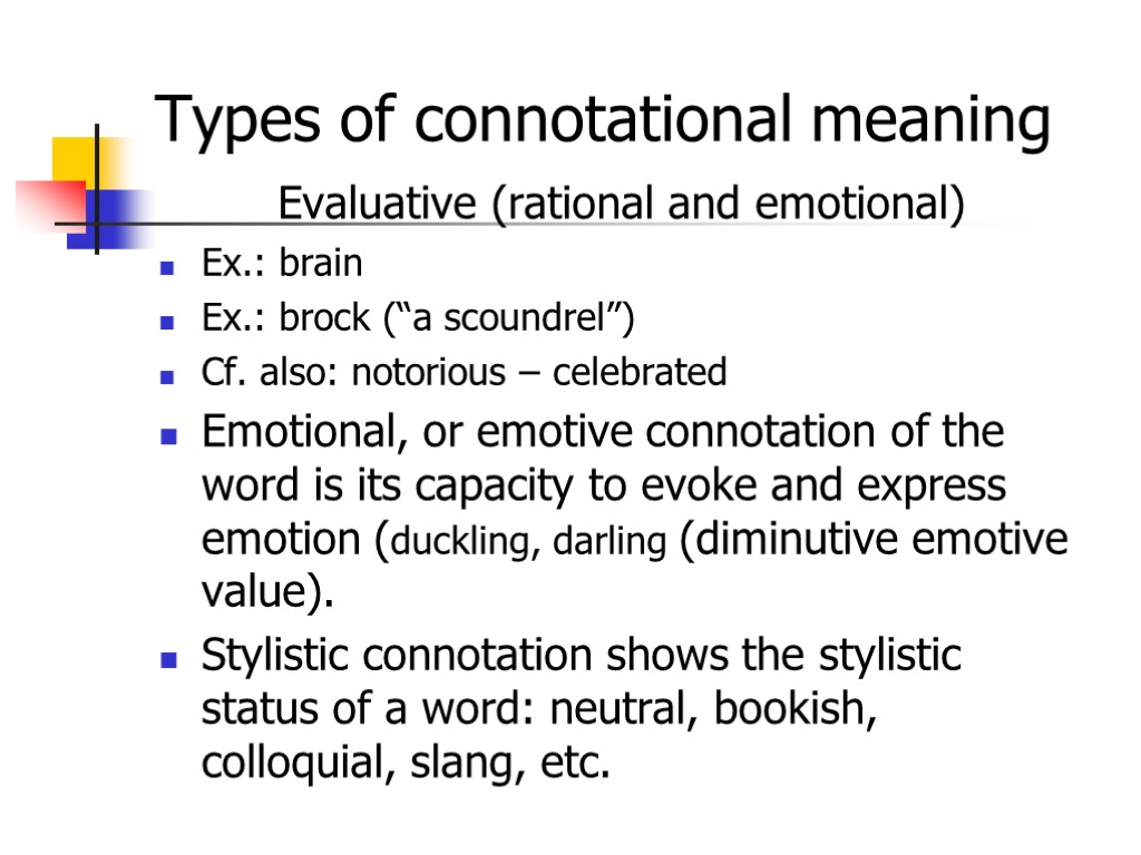 Types of connotational meaning Evaluative (rational and emotional) Ex.: brain Ex.: brock (“a scoundrel”)